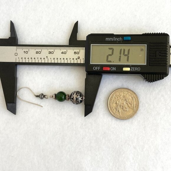 Sterling Silver 925 Round Beaded Nephrite Oxidized Scrollwork Dangle Earrings - Picture 13 of 16